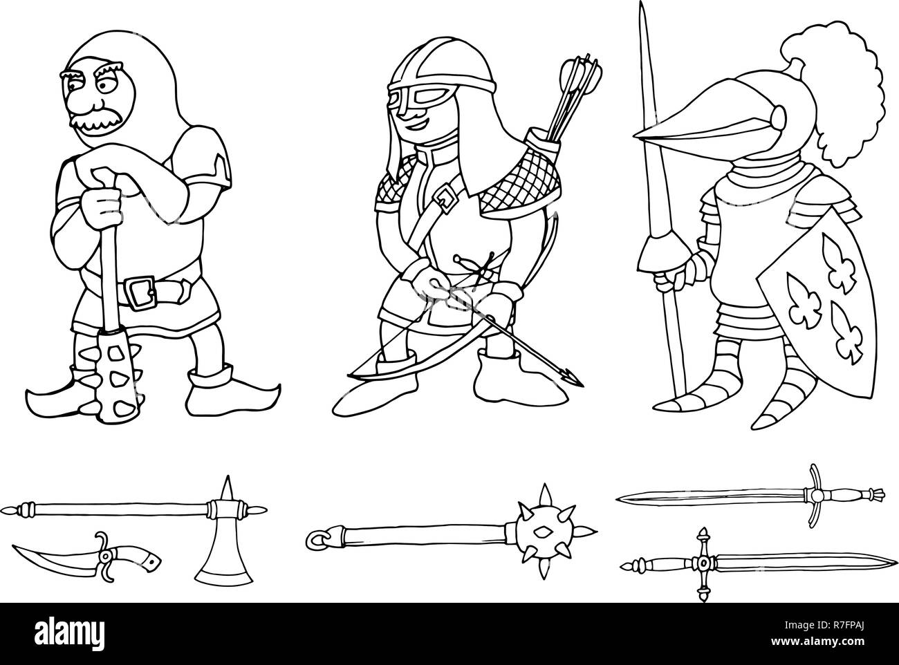 Färbung von Cartoon drei mittelalterlichen Ritter prepering für Ritter Turnier Stock Vektor