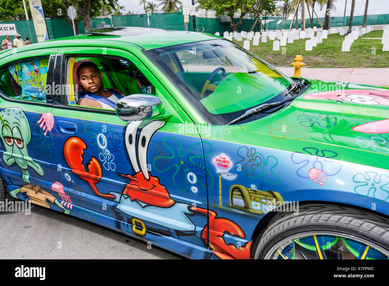 Miami Beach, Florida, Ocean Drive, Lummus Park, Urban Beach Week, Memorial Day Wochenende, Hip-Hop-Kultur, Schwarze Afrikanische Afrikaner ethnische Minderheit, man Me Stockfoto