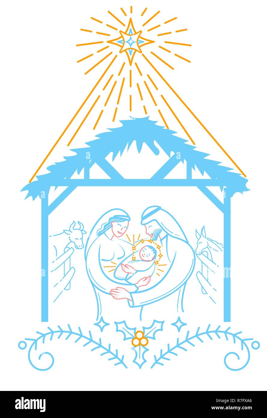 Bibel Szene Abbildung: die Geburt Jesu Christi. Heilige Familie. Frohe Weihnachten Symbol in linearen Stil Stock Vektor