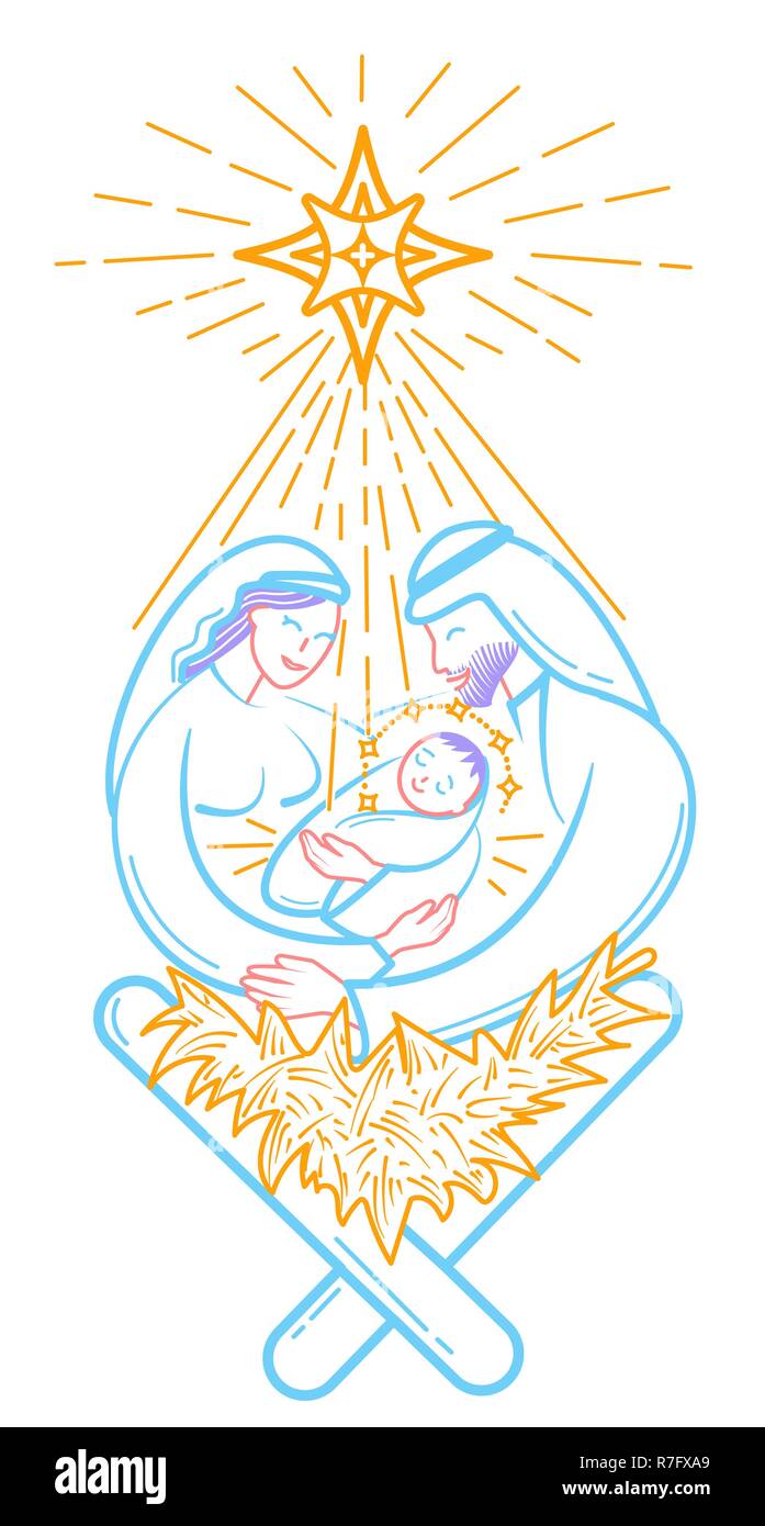 Bibel Szene Abbildung: die Geburt Jesu Christi. Heilige Familie. Frohe Weihnachten Symbol in linearen Stil Stock Vektor