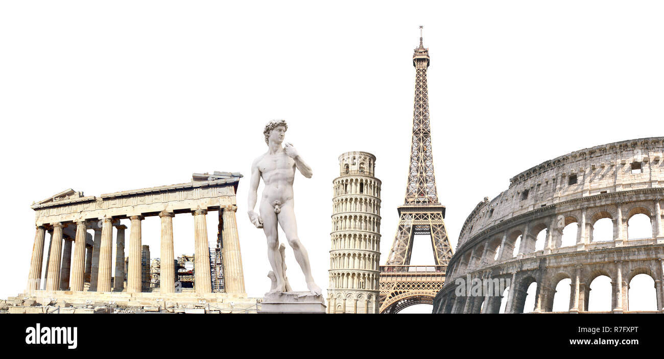 Berühmten Denkmälern der Europa - Eiffelturm in Paris, der Schiefe Turm von Pisa; Parthenon in Athen, Michelangelos David. Auf weissem Hintergrund Stockfoto