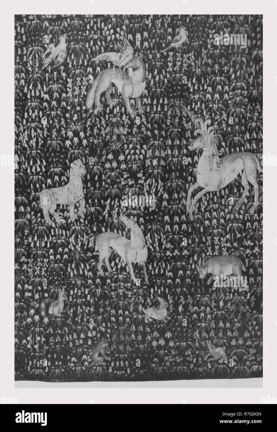 Millefleurs Boden mit lockig-Maned Pferd, Leopard, Fox, ram (?), Hirsche, Kaninchen und Vögel Stockfoto