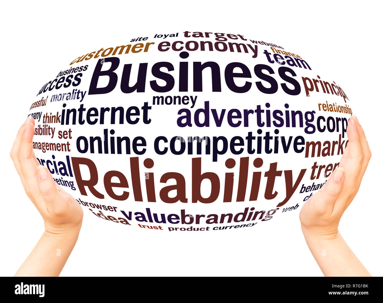 Business Zuverlässigkeit Wort Cloud Hand Kugel Konzept auf weißem Hintergrund. Stockfoto
