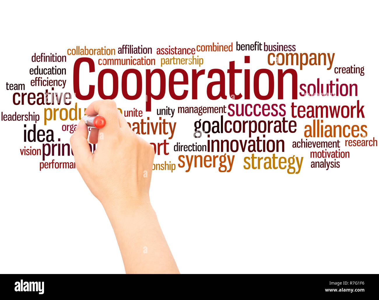 Zusammenarbeit, word Cloud hand Konzept Schrift auf weißen Hintergrund. Stockfoto