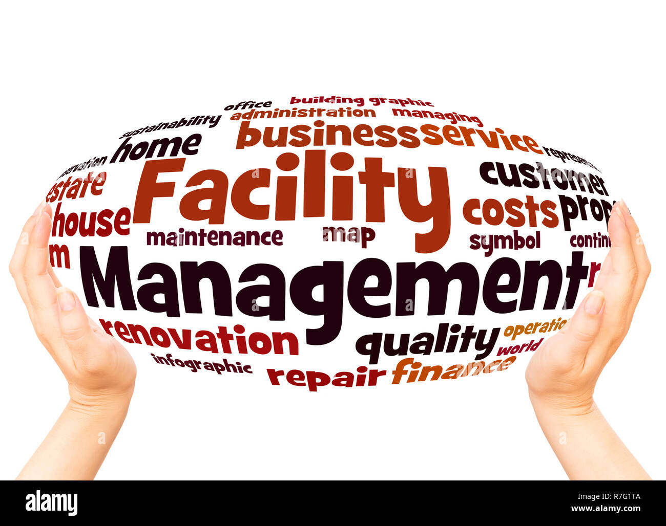 Facility Management word Cloud Hand Kugel Konzept auf weißem Hintergrund. Stockfoto