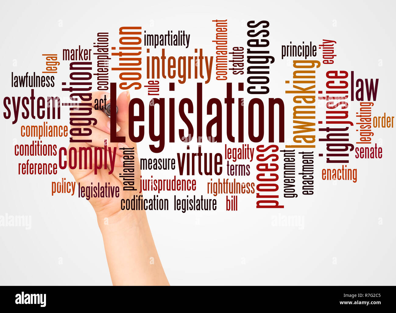 Rechtsvorschriften Wort cloud und Hand mit Marker Konzept auf weißem Hintergrund. Stockfoto