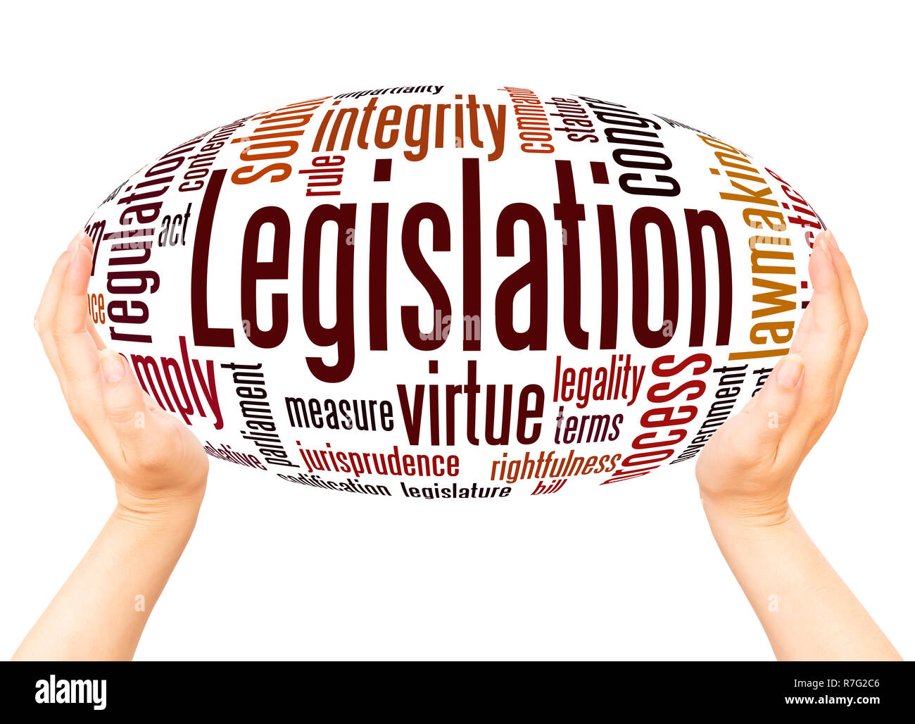 Rechtsvorschriften Wort Cloud Hand Kugel Konzept auf weißem Hintergrund. Stockfoto