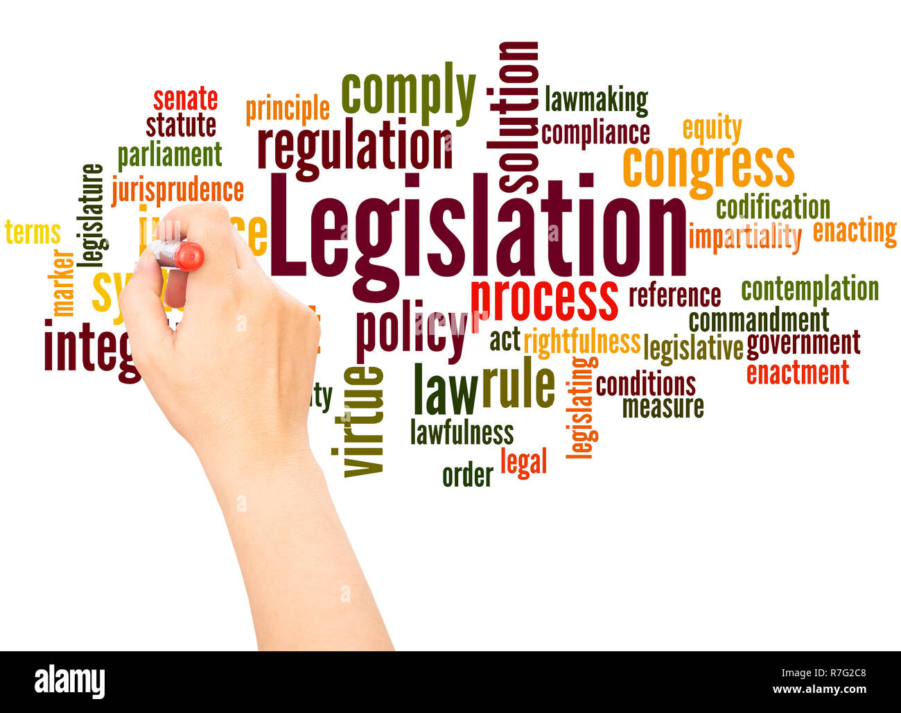 Rechtsvorschriften Wort cloud hand Konzept Schrift auf weißen Hintergrund. Stockfoto