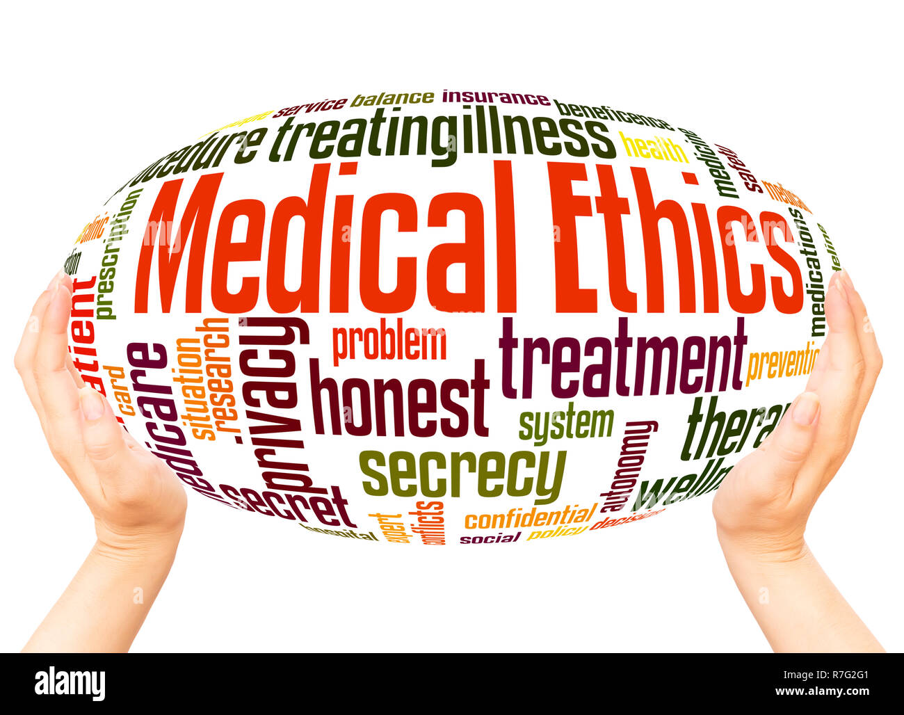 Medizinische Ethik word Cloud Hand Kugel Konzept auf weißem Hintergrund. Stockfoto