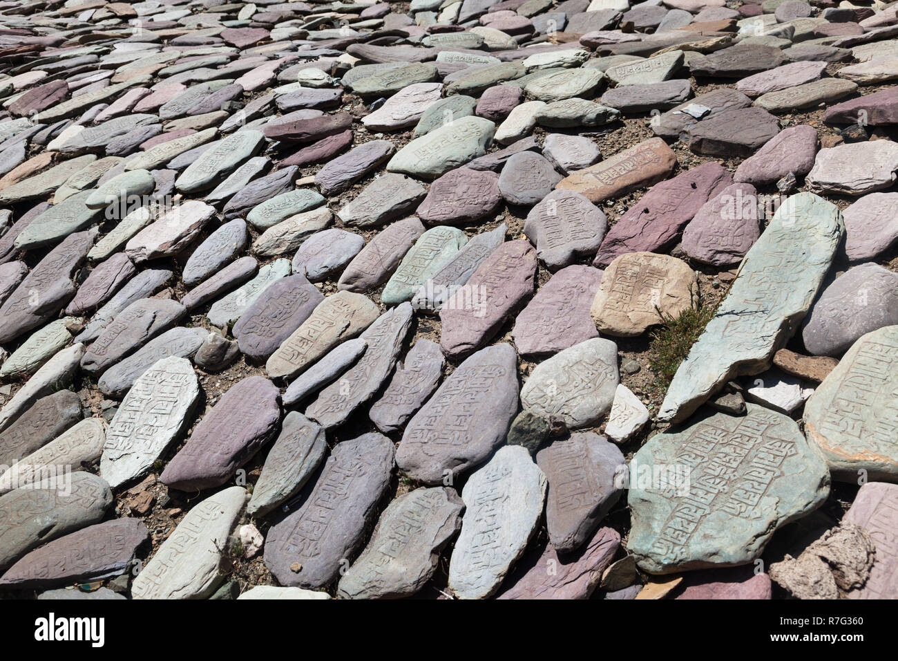 Mani Steine mit Inschriften, Lamayuru, Ladakh, Jammu und Kaschmir, Indien Stockfoto