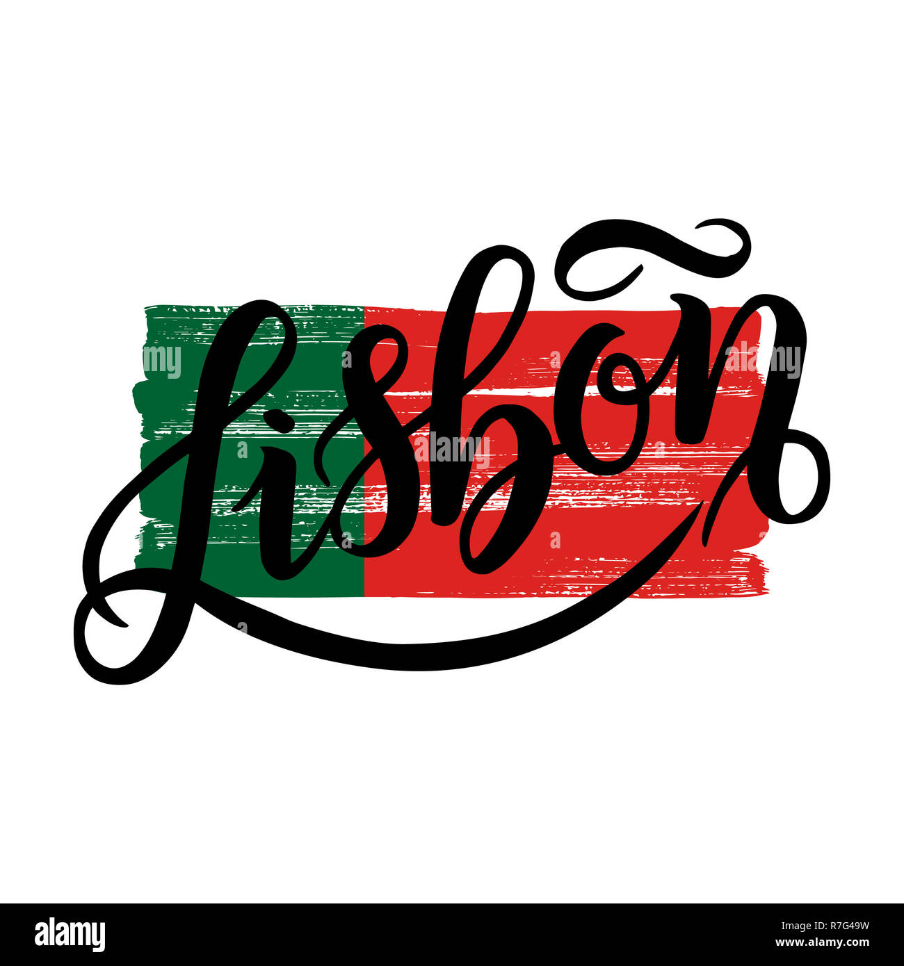 Lissabon Schriftzug mit National Flagge, Portugal. Stadt Logo auf weißem isoliert. Black Label oder Schriftzug. Toll für T-Shirts, Postkarten oder Poster. Stockfoto