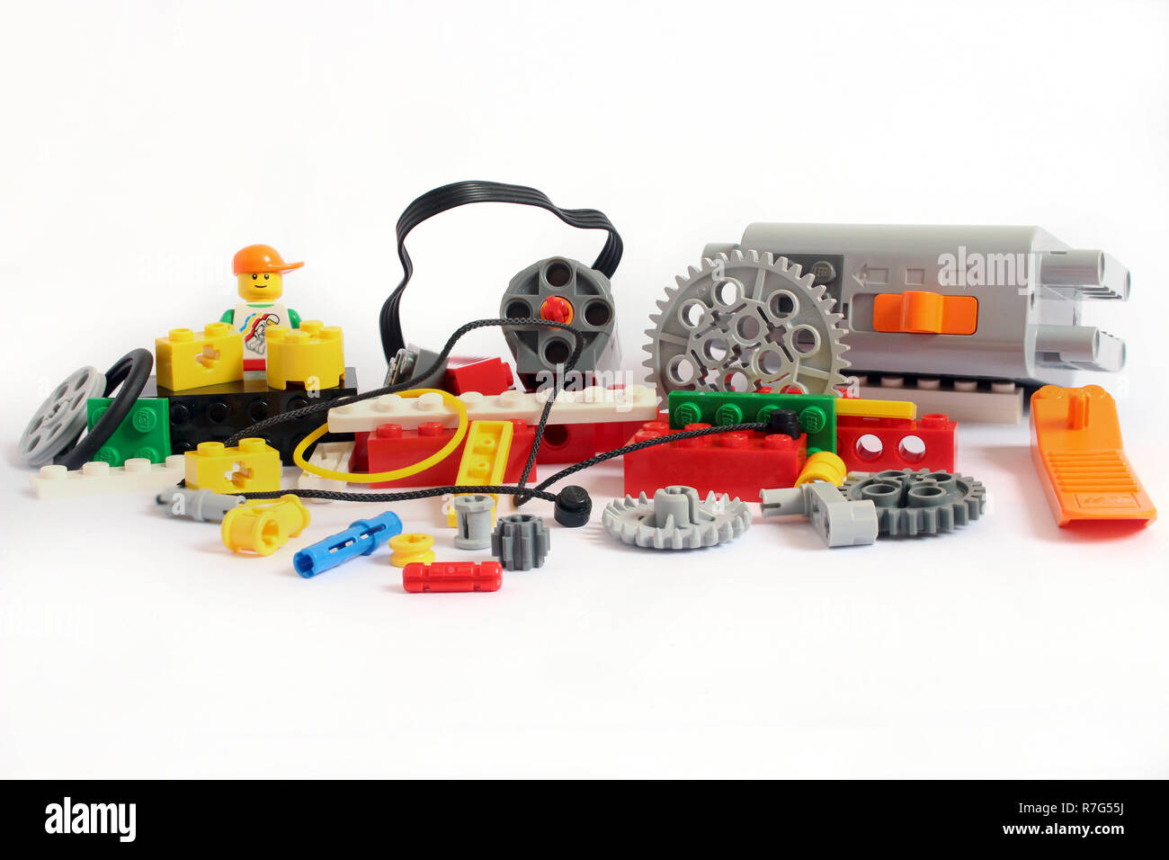 Lego Set, mechanische Teile eines Lego, lego Würfel Stockfoto
