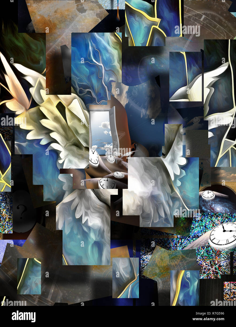 Komplexe surreale Malerei. Flügel, quadratischen Elementen. Winged Uhren stellt Fluss der Zeit. Stockfoto