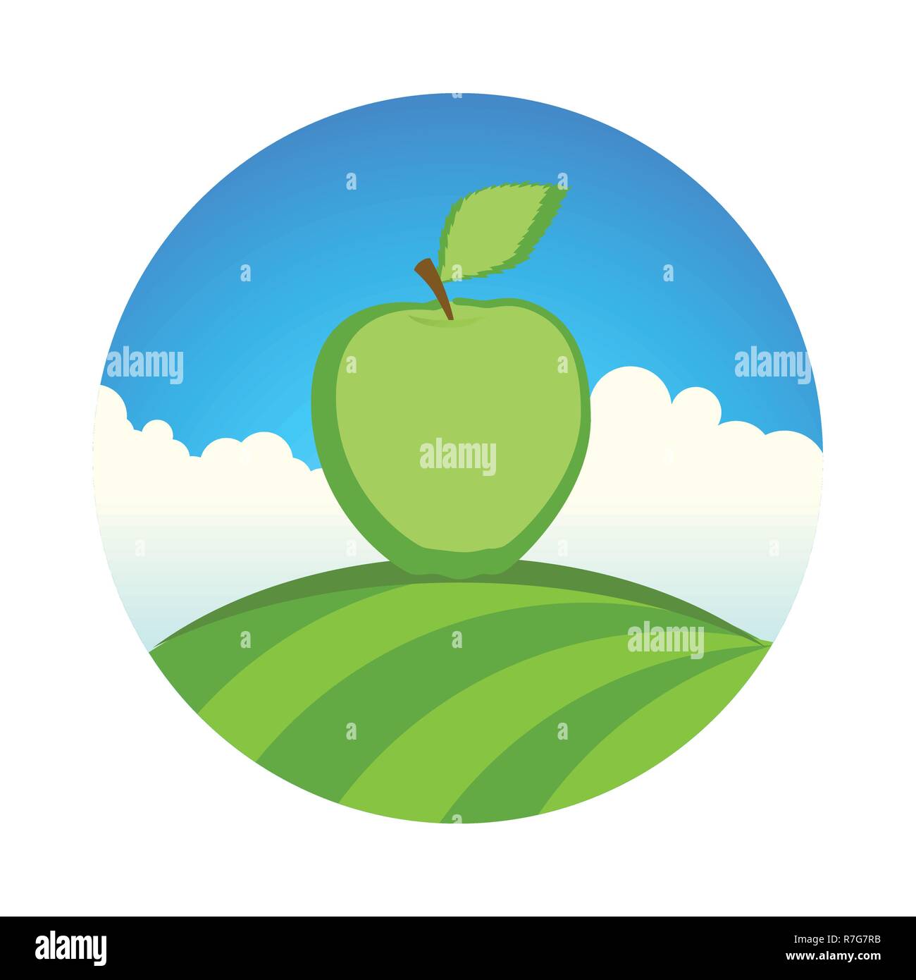Garten mit Apple, runde Aufkleber der Bio-bauernhof mit frischem Obst bei sauberen blauen Himmel - Vektor Emblem Stock Vektor