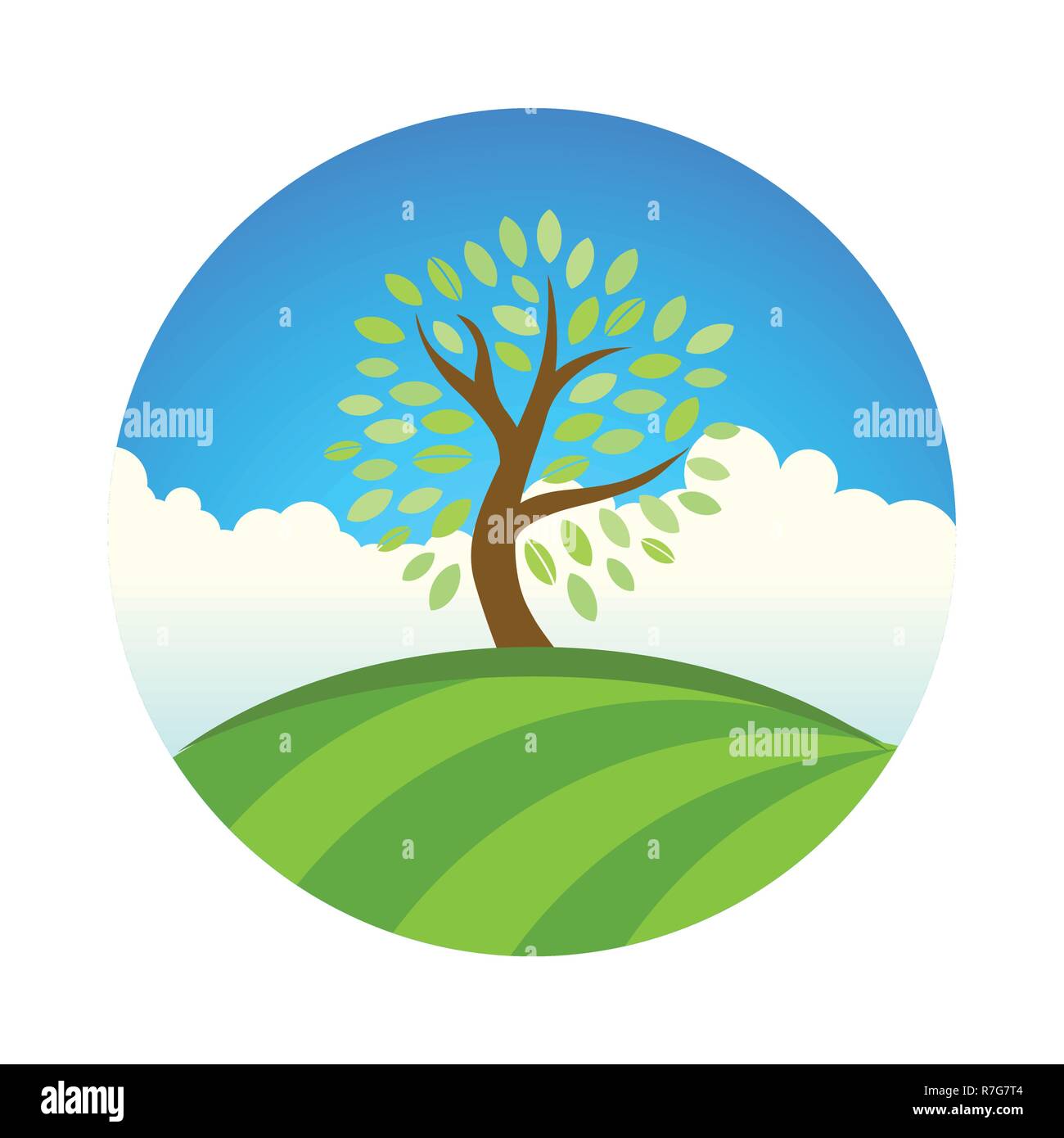 Logo mit Landschaft von eco Garten oder Park, Baum unter blauem Himmel. Vector Illustration der natürliche Frucht und Ernte. Stock Vektor