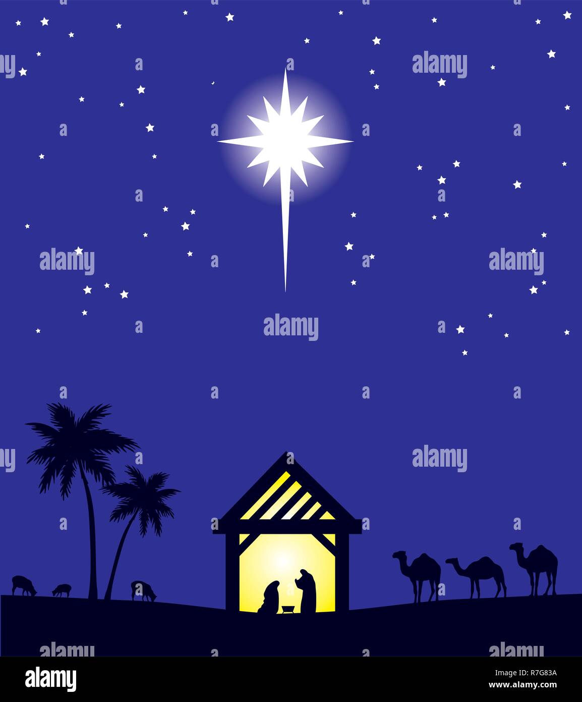 Vector Illustration der Geburtskirche christlichen Szene. Weihnachten Hintergrund. Stock Vektor