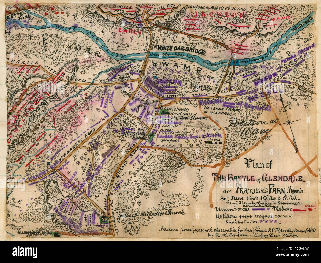 Plan der Schlacht von Glendale oder Frazier's Farm. Virginia. 30 Juni 1862 10:00 bis 17:00 Uhr Genl Heintzelman und Sumner befehlen. Amerikanischer Bürgerkrieg Stockfoto