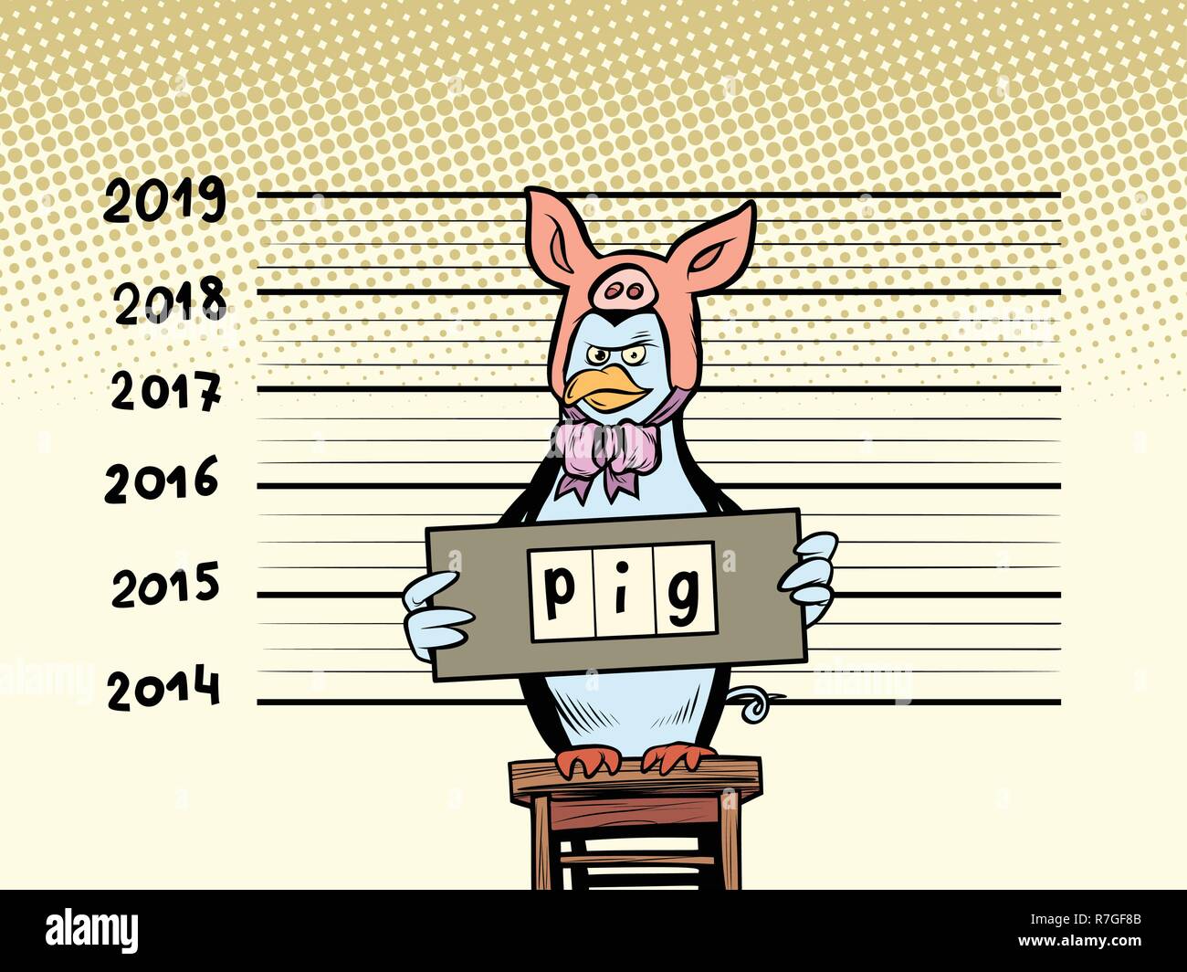 Pinguin verhaftet gab vor, ein Schwein zu sein. 2019. Frohes neues Jahr. Comic cartoon Pop Art retro Vektor illustration Zeichnung Stock Vektor