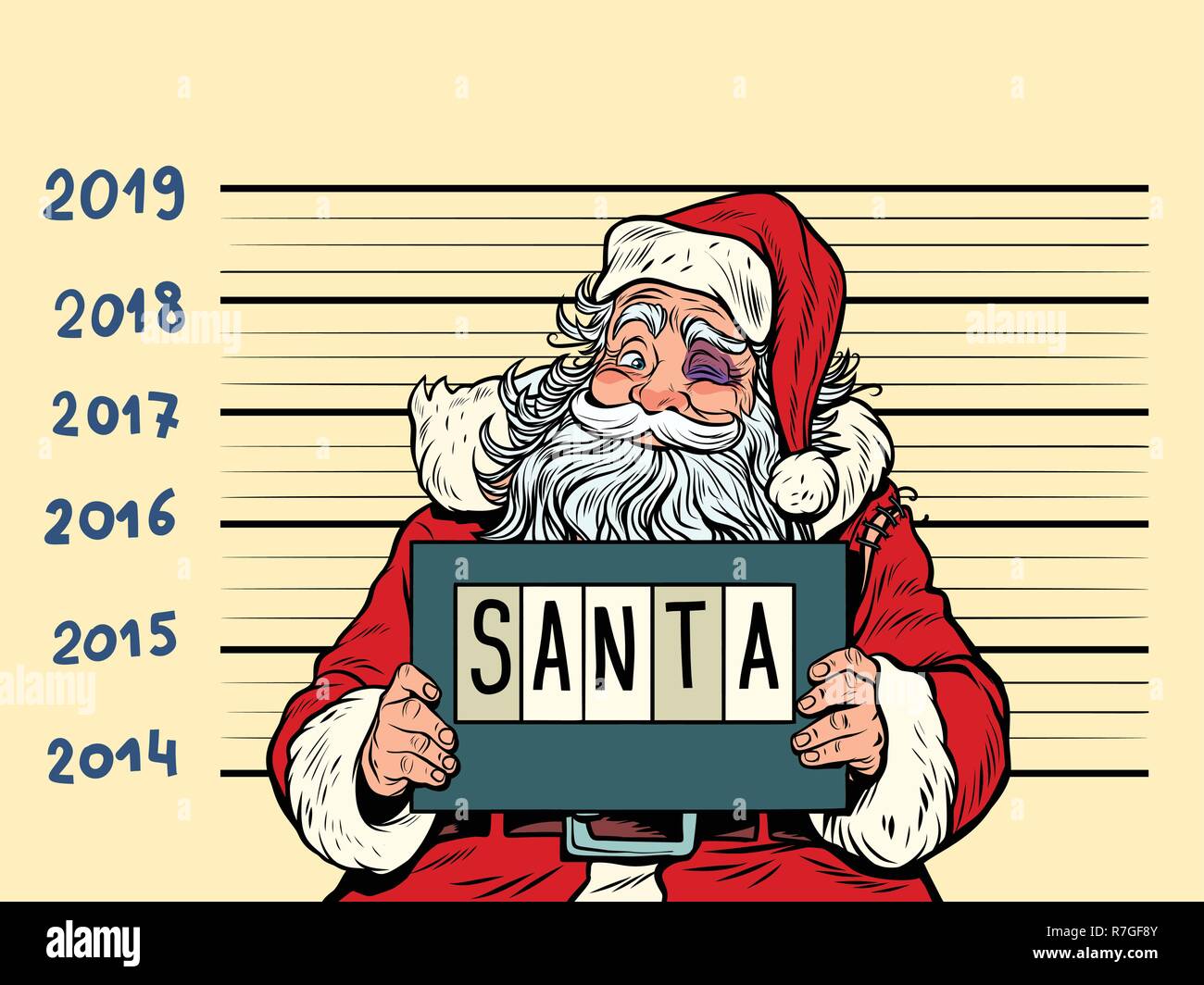 Bad Santa Claus. 2019 Frohes neues Jahr verhaftet. Comic cartoon Pop Art retro Vektor illustration Zeichnung Stock Vektor