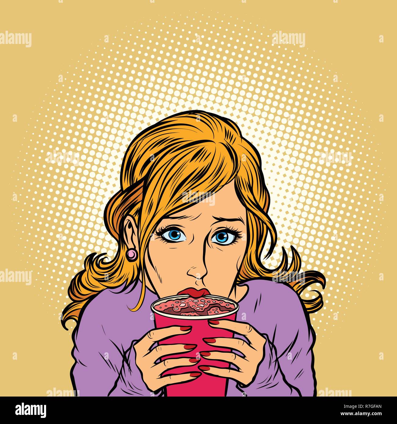 Junge Frau Papier Tasse heißen Kaffee. Comic cartoon Pop Art retro Vektor illustration Zeichnung Stock Vektor