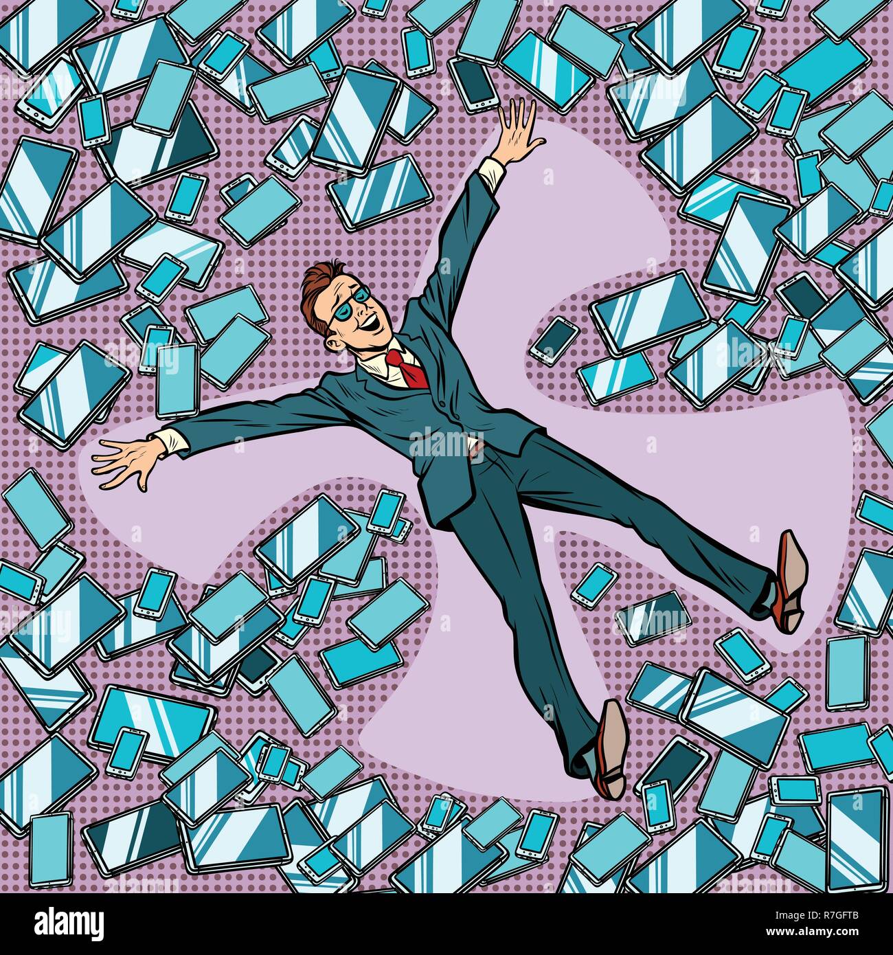 Geschäftsmann Mann macht Schnee Engel in Gadgets, Handys und Tabletten. Comic cartoon Pop Art retro Vektor illustration Zeichnung Stock Vektor