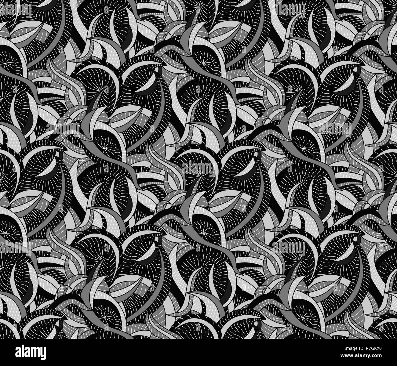 Nahtlose Muster Hintergrund mit fantastischen Kurven Schwarz und Weiß Stock Vektor