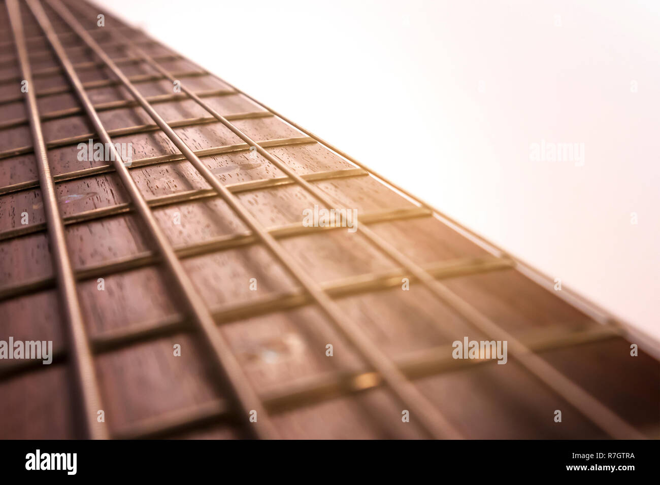 Palisander bass guitar fret Board und Streicher mit Hintergrundbeleuchtung closeup Stockfoto