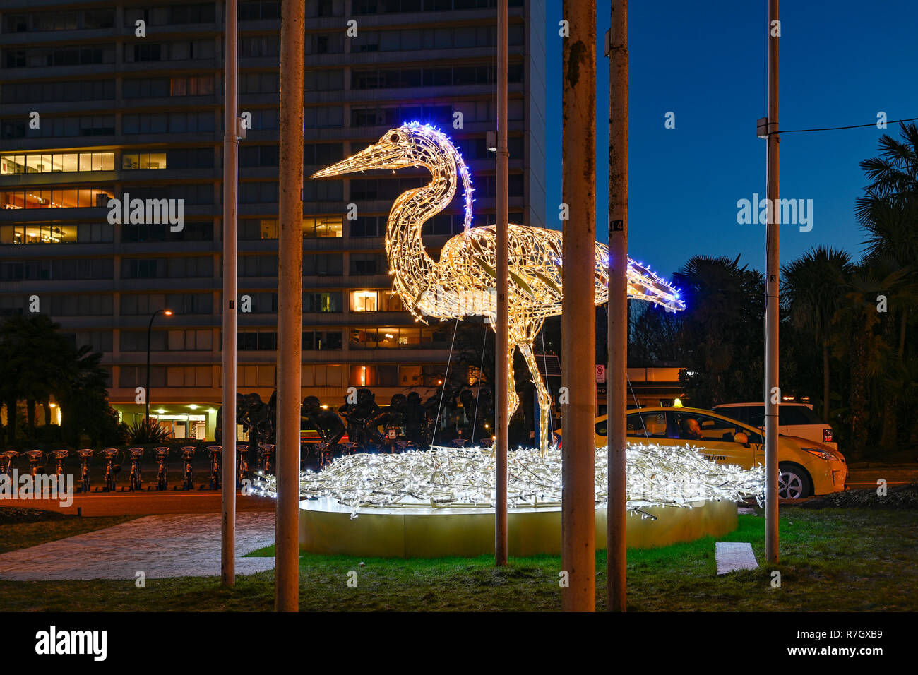 Lumiere Festival, Licht, Kunst, Installation, betitelt Stanley, Great Blue Heron, von MK Illumination, English Bay, Vancouver, British Columbia, kann Stockfoto