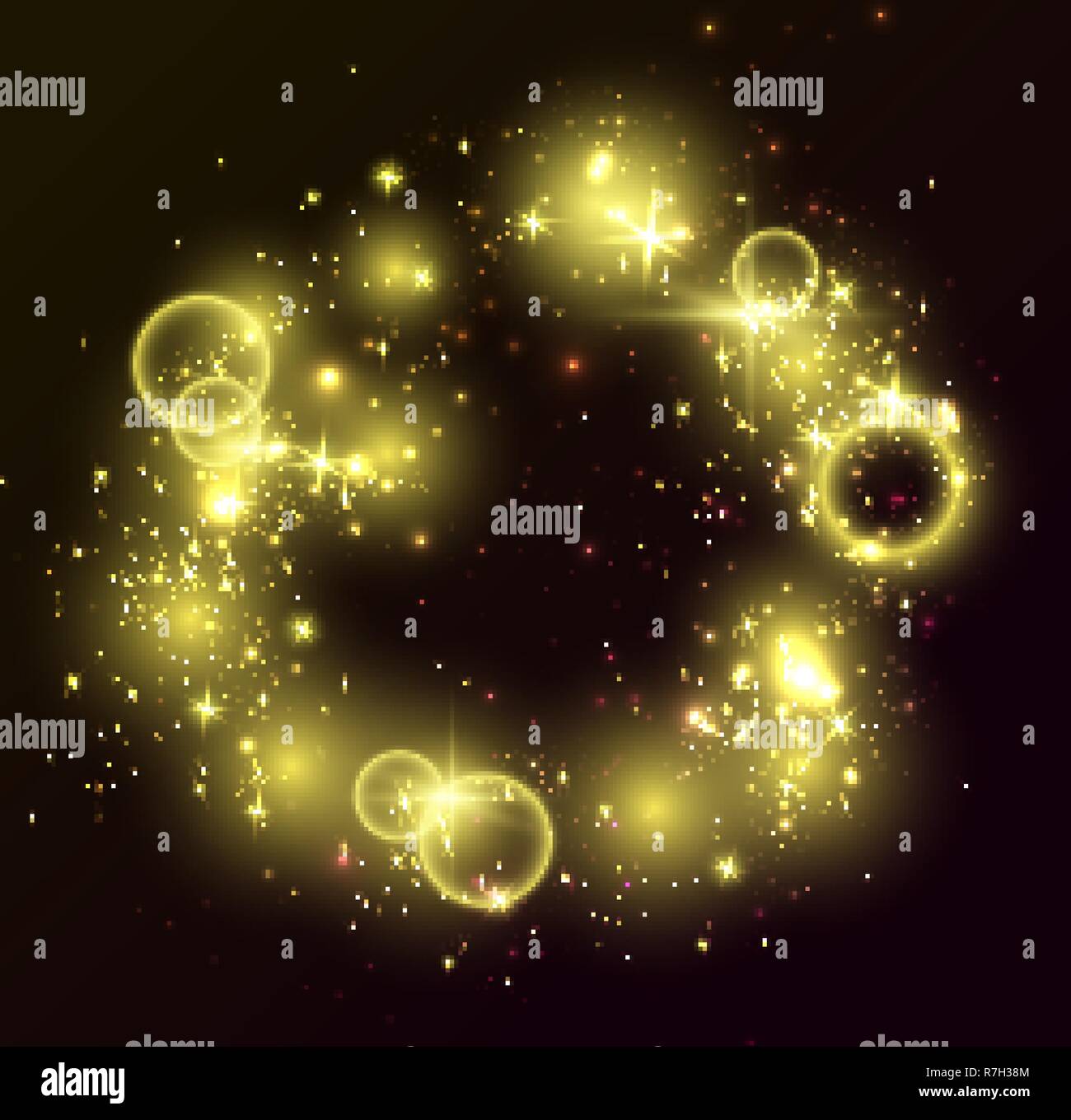 Golden Lights auf schwarzem Hintergrund. Abstrakte Glitter glänzenden, leuchtenden Sternen, Ringe und Kreise Kulisse. Schönen Glanz Vector Illustration. Stock Vektor