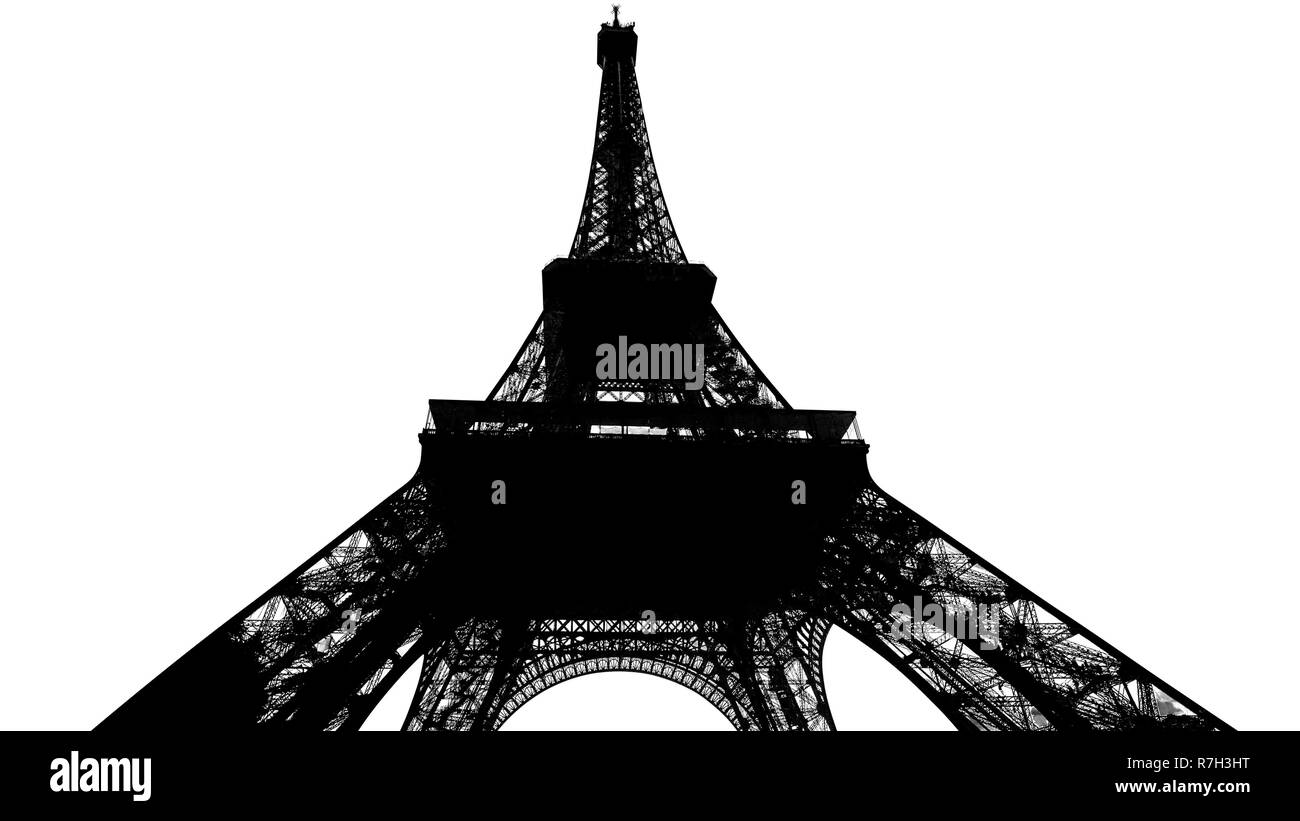 Paris und den Eiffelturm Silhouette auf weißem isoliert. Frankreich. Stockfoto