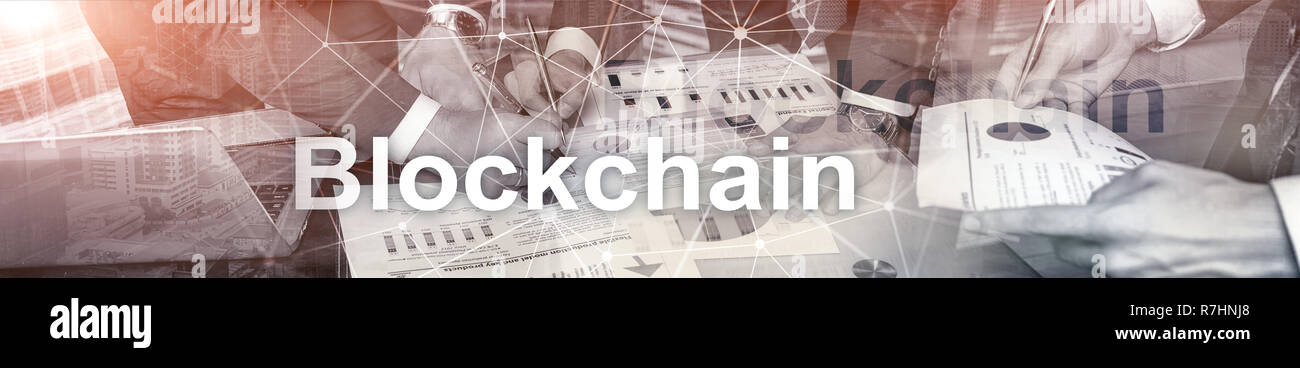 Blockchain Revolution, Innovation Technologie in modernen Unternehmen. Website header Banner. Stockfoto