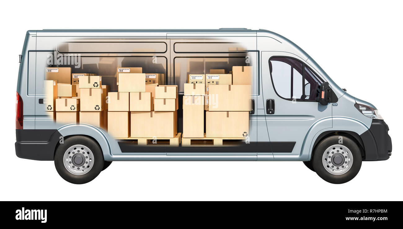 Lieferwagen mit Parzellen, Kartons im Inneren. Güterverkehr, Lieferung Konzept. 3D-Rendering Stockfoto