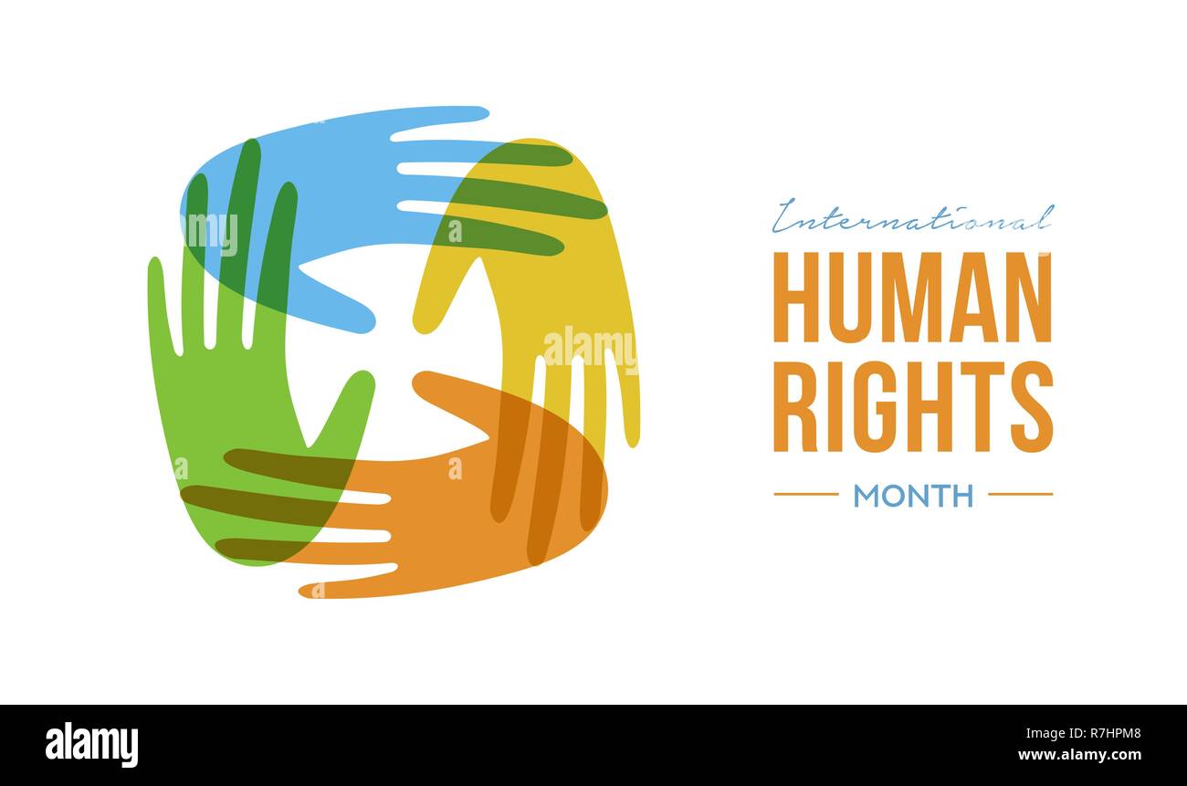 Die internationalen Menschenrechte Monat Abbildung für globale Gleichheit und Frieden mit bunten Menschen Hände, soziale Vielfalt Konzept. Stock Vektor