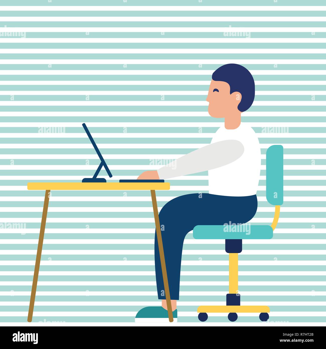 Unternehmer Unternehmer in einem Anzug, der an einem Notebook arbeitet an seinem Computer sauber und schlankes Büro Schreibtisch. Flat Style Vektor Stock Vektor