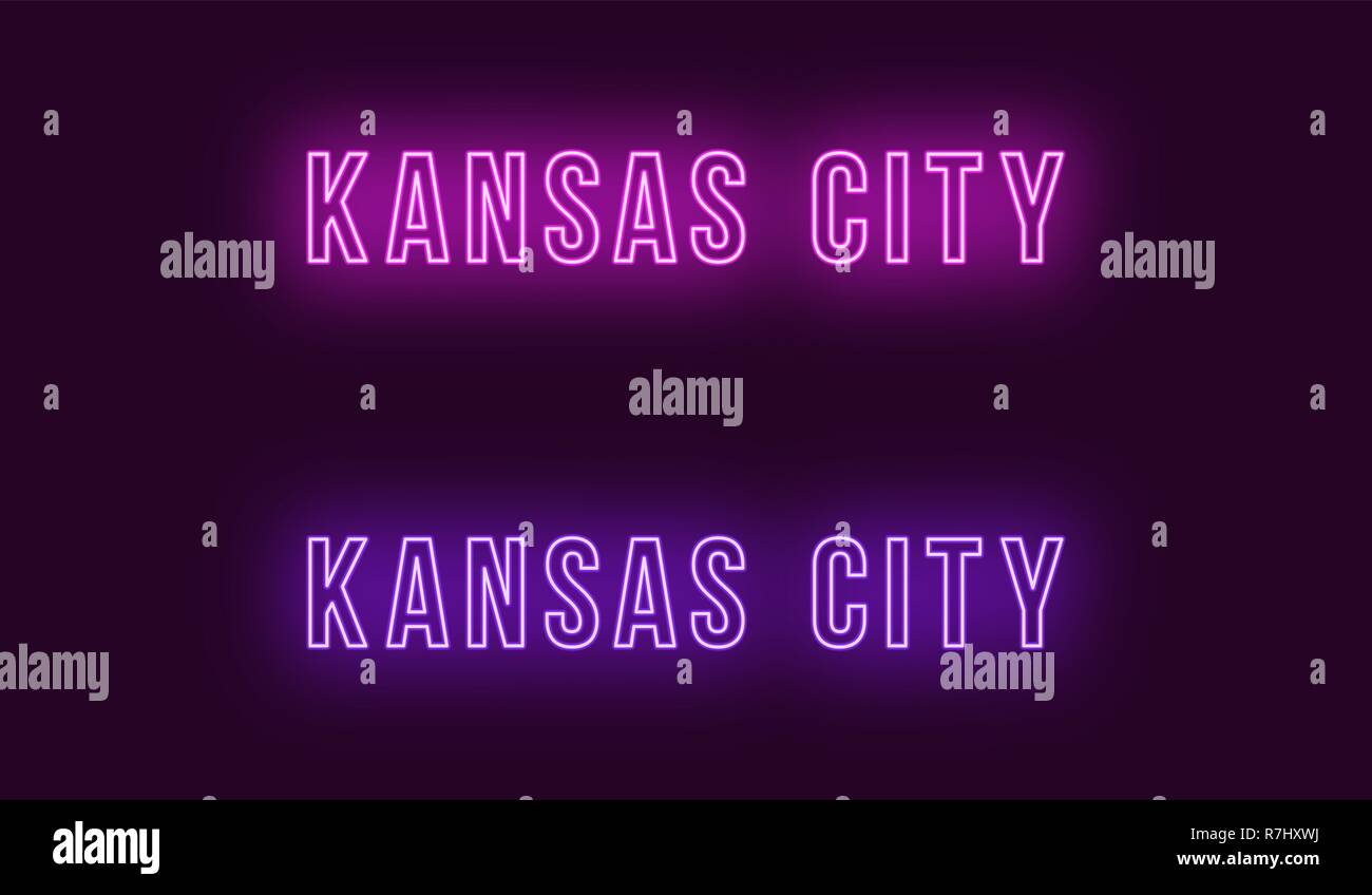 Neon Name von Kansas City in den USA. Vektor Text von Kansas City, Neon Beschriftung mit Hintergrundbeleuchtung Fett Stil, Lila und violetten Farben. Glühende isoliert Stock Vektor