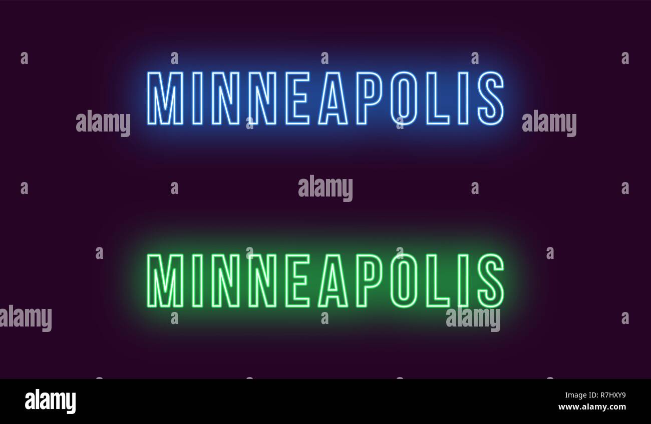 Neon Name von Minneapolis City in den USA. Vektor Text von Minneapolis, Neon Beschriftung mit Hintergrundbeleuchtung Fett Stil, blauen und grünen Farben. Isolierte glowi Stock Vektor