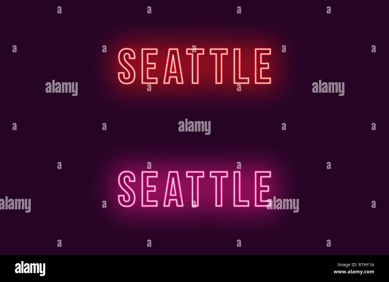 Neon Name des Seattle City in den USA. Vektor Text von Seattle, Neon Beschriftung mit Hintergrundbeleuchtung Fett Stil, rot und rosa Farben. Isolierte glühende Titel f Stock Vektor