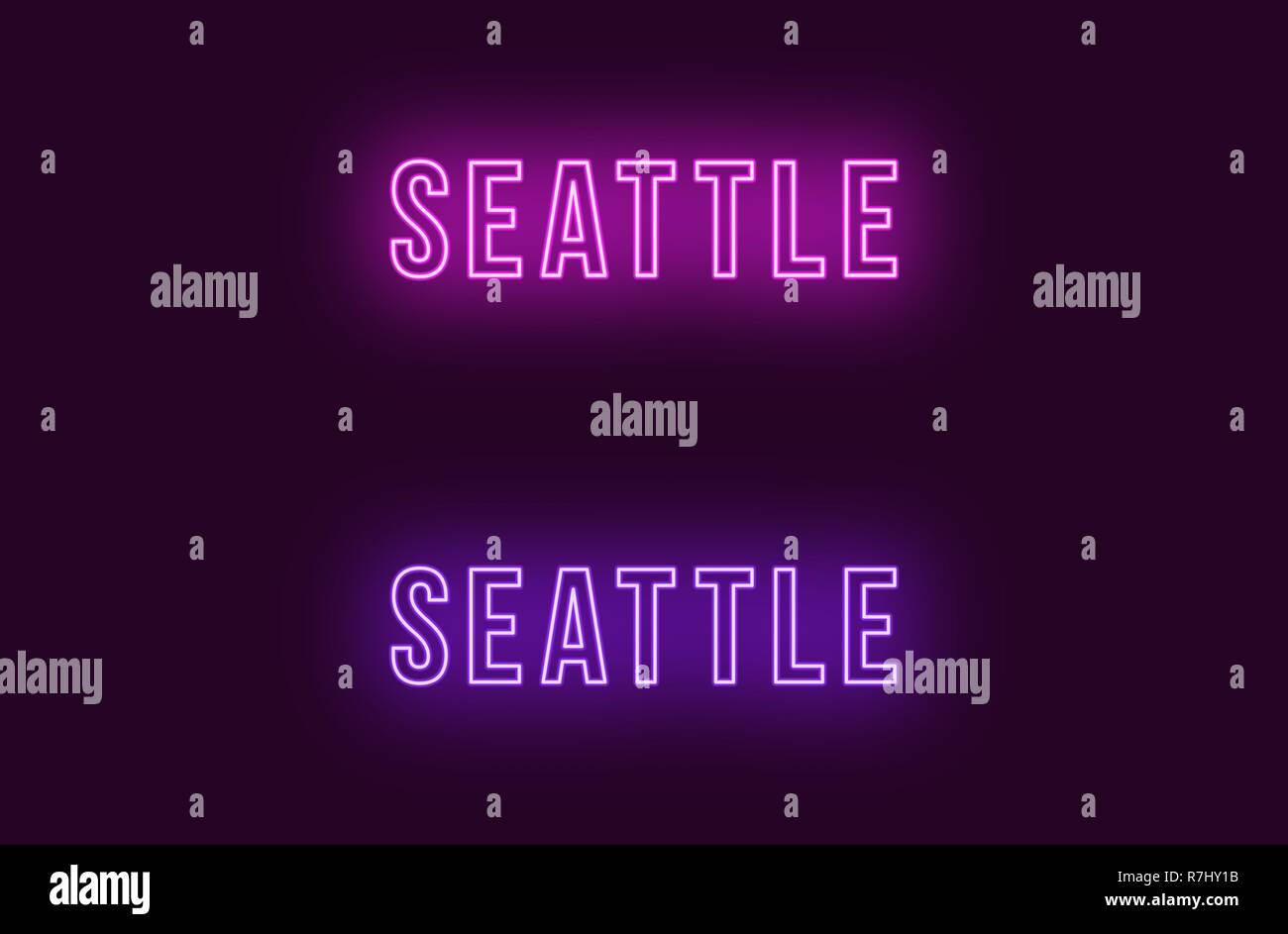 Neon Name des Seattle City in den USA. Vektor Text von Seattle, Neon Beschriftung mit Hintergrundbeleuchtung Fett Stil, Lila und violetten Farben. Isolierte glühende Ti Stock Vektor