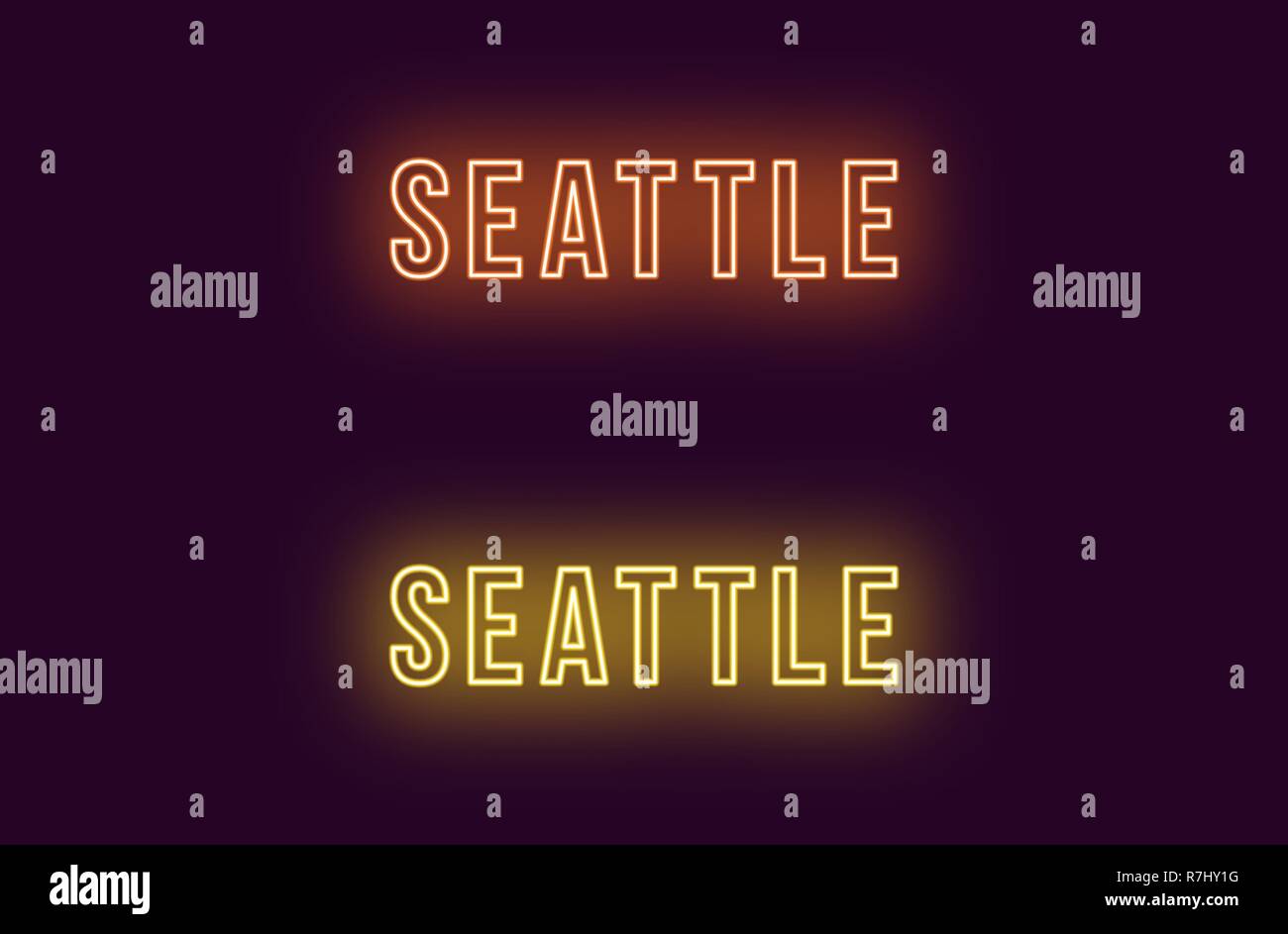 Neon Name des Seattle City in den USA. Vektor Text von Seattle, Neon Beschriftung mit Hintergrundbeleuchtung Fett Stil, orangen und gelben Farben. Isolierte glühende Ti Stock Vektor