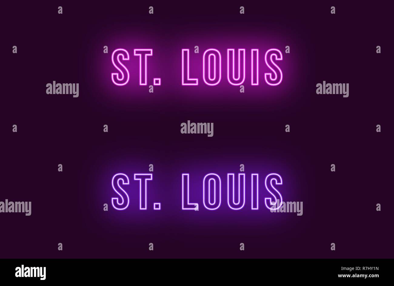 Neon Name von St Louis Stadt in den USA. Vektor Text von St. Louis, Neon Beschriftung mit Hintergrundbeleuchtung Fett Stil, Lila und violetten Farben. Glühende isoliert Stock Vektor