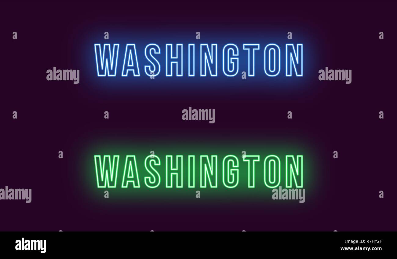 Neon Name von Washington City in den USA. Vektor Text von Washington, Neon Beschriftung mit Hintergrundbeleuchtung Fett Stil, blauen und grünen Farben. Glühende isoliert Stock Vektor