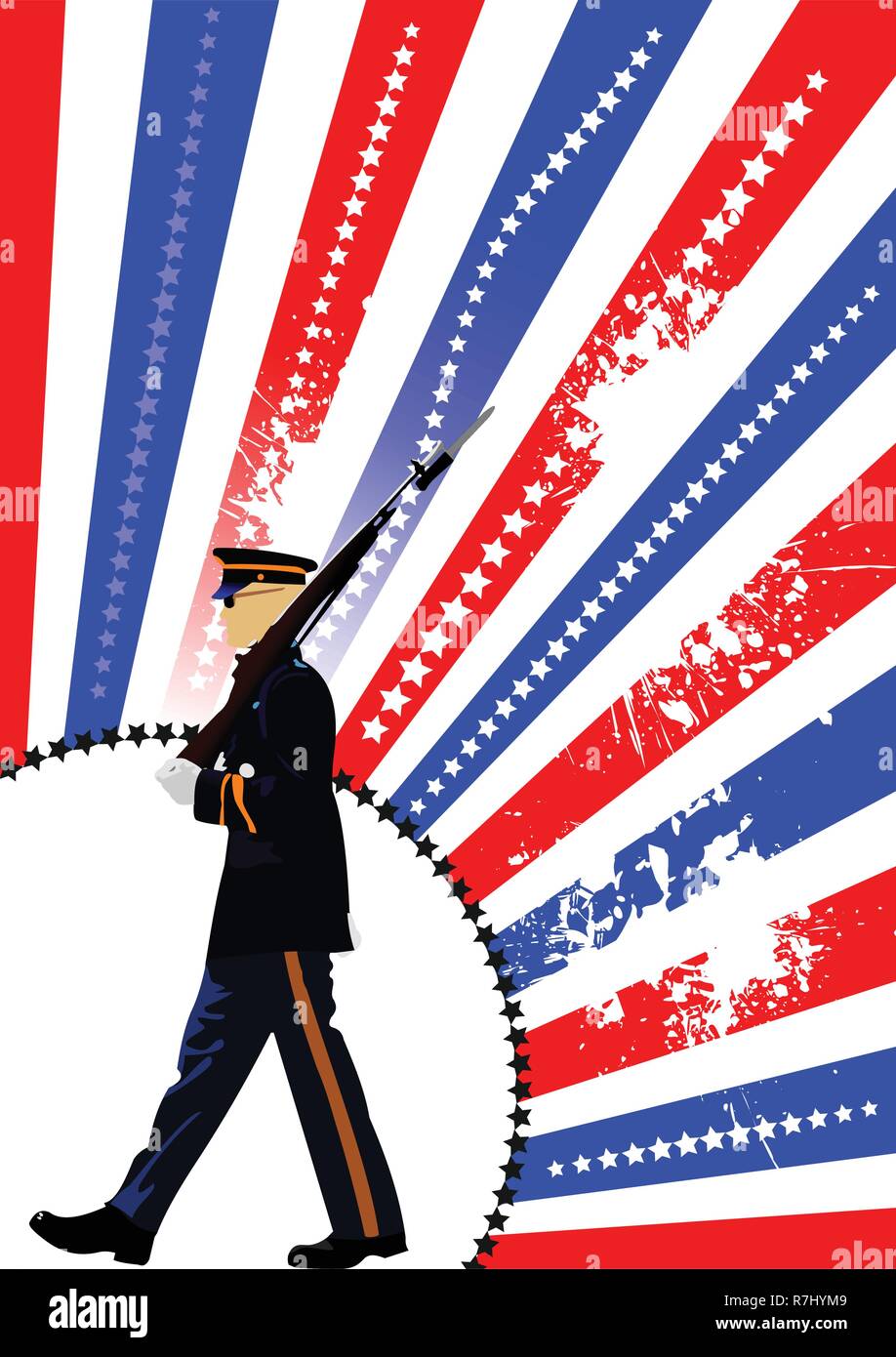 Abdeckung für Broschüre mit USA Bild, amerikanische Flagge und Wache Stock Vektor