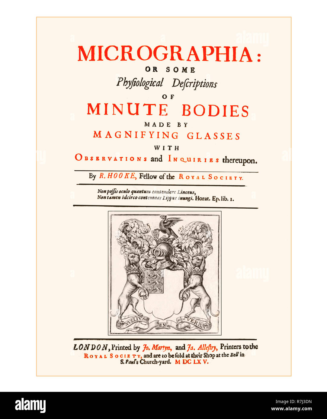 Micrographia Titel Seite 1665 Stockfoto