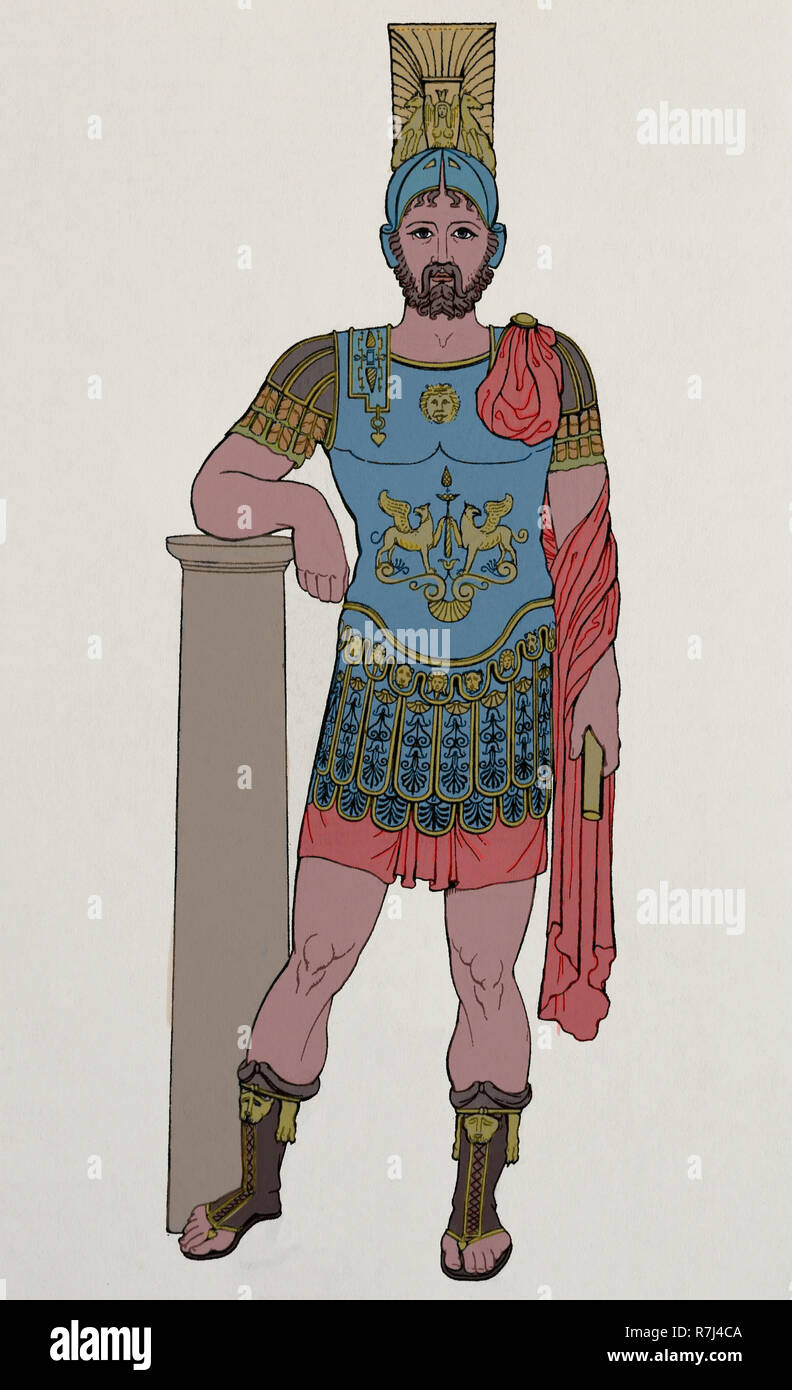 Römische Armee. Römische General. Gravur. Farbe. Kaiserzeit. Stockfoto