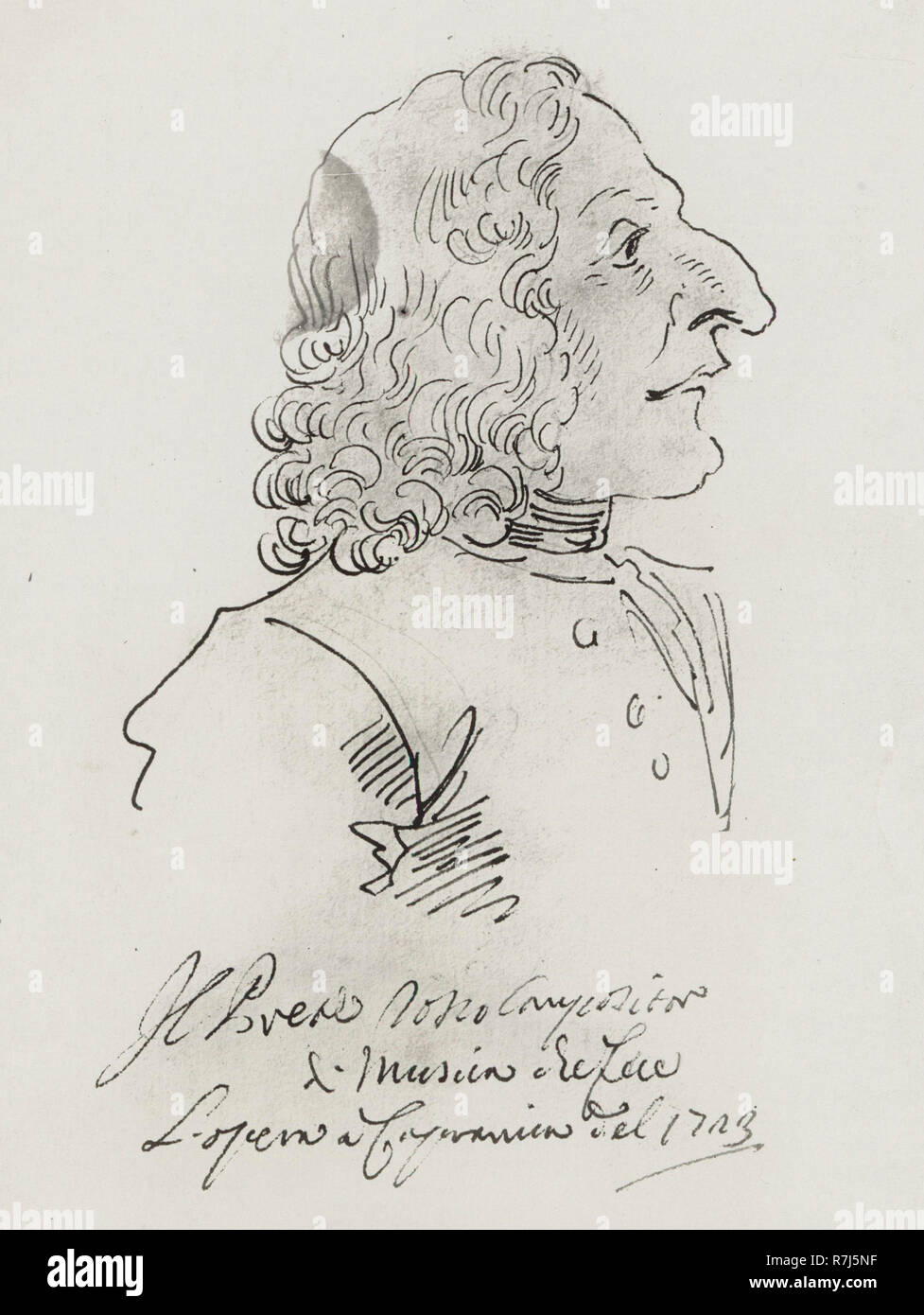 Karikatur von Antonio Vivaldi von Pier Leone Ghezzi in 1723. Text übersetzt, Die "Der rote Priester, der Komponist der Musik, die die Oper im "Collegio Capranica" von 1723." Stockfoto