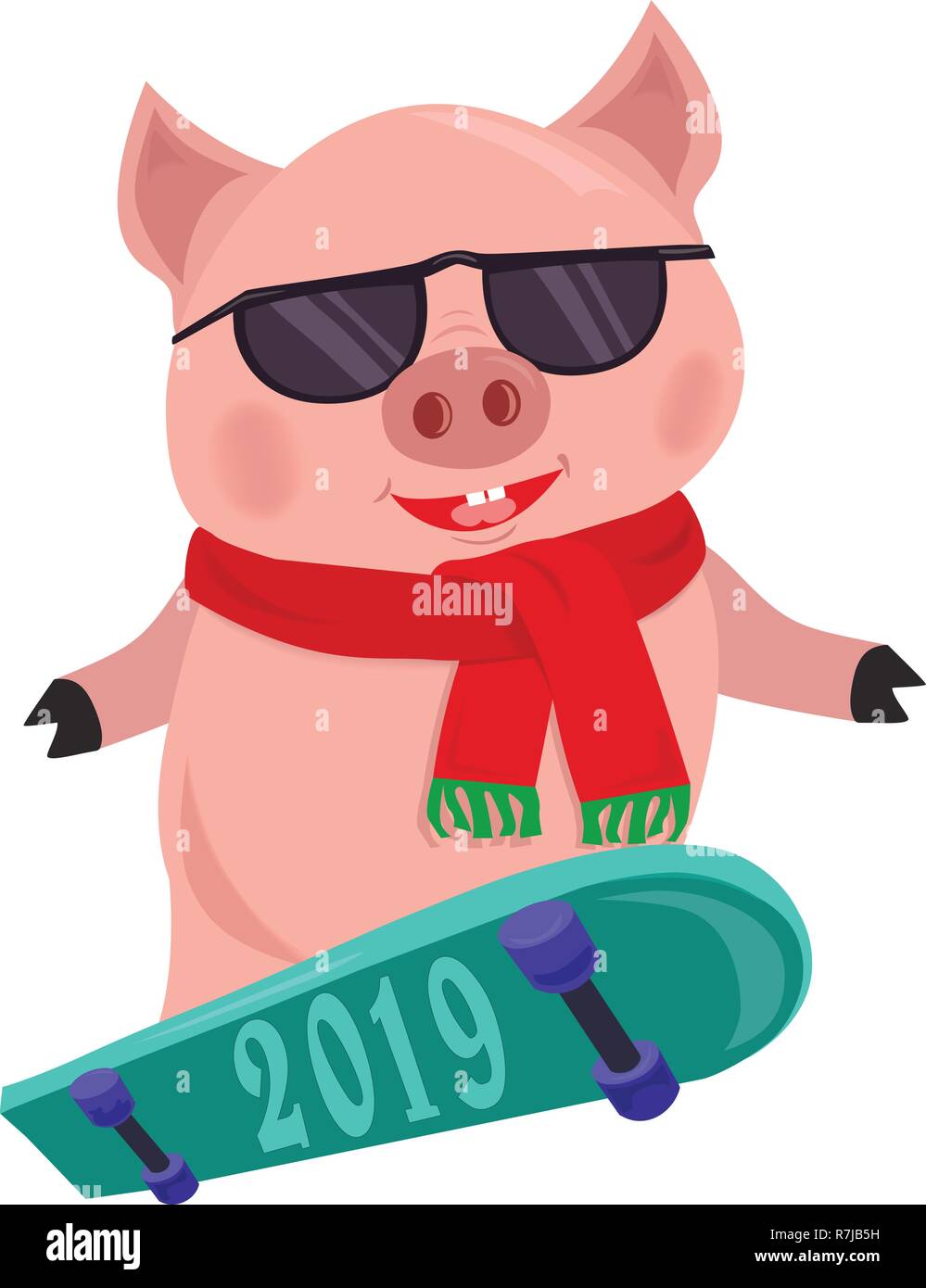 Isolierte cartoon Piggy, Symbol 2019 Eislaufen auf dem Board. Kinder Buch Abbildung skateboarding piggy. Stock Vektor