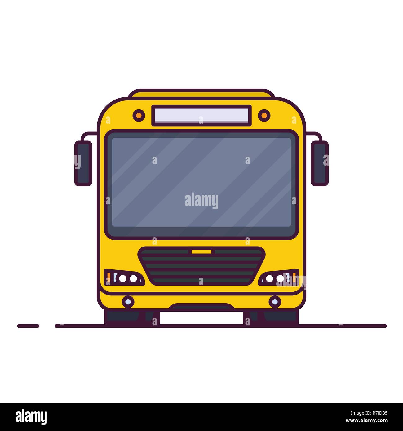 Vorderansicht des grossen gelben Bus. Linienstil Vector Illustration. Fahrzeug und Verkehr Banner. Moderne öffentliche Verkehrsmittel Fahrzeug. Vorderansicht Bus. Stock Vektor