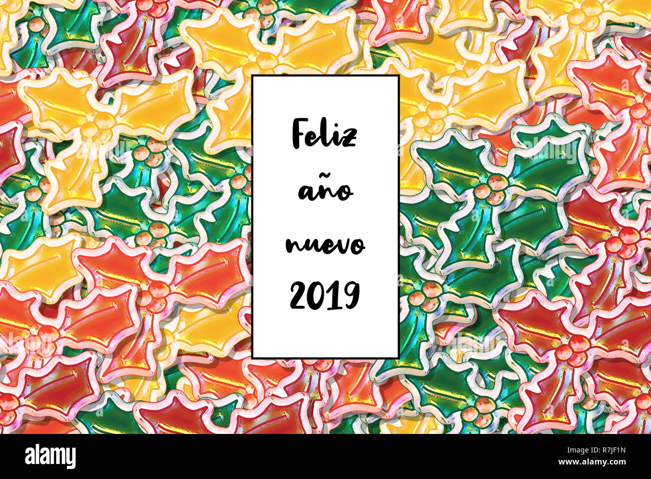 Feliz aÃ±o Nuevo2019 Karte (Frohes neues Jahr in Spanisch) mit farbigen holly Blätter als Hintergrund Stockfoto