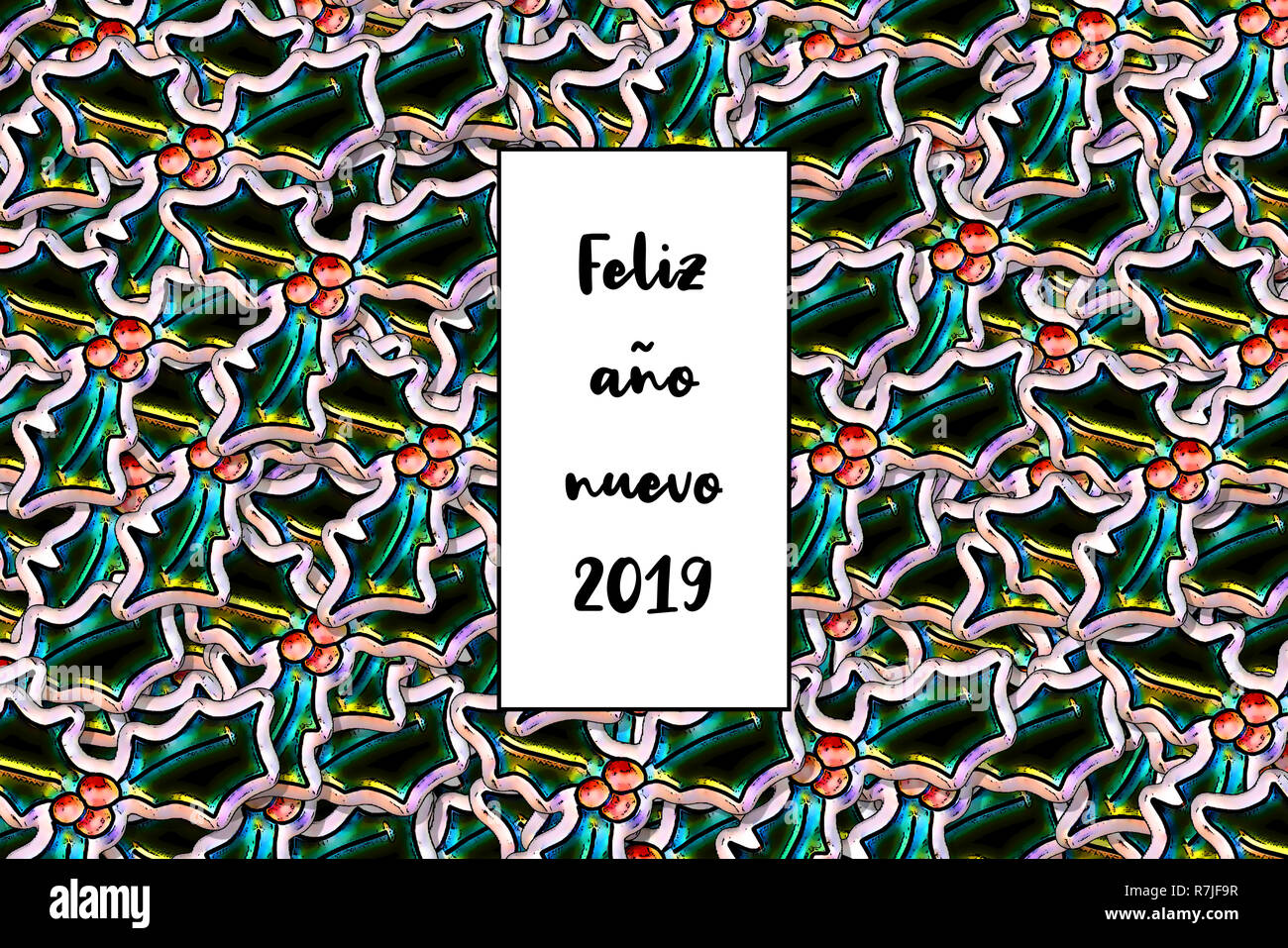 Feliz aÃ±o Nuevo2019 Karte (Frohes neues Jahr in Spanisch) mit Holly Blätter als Hintergrund Stockfoto