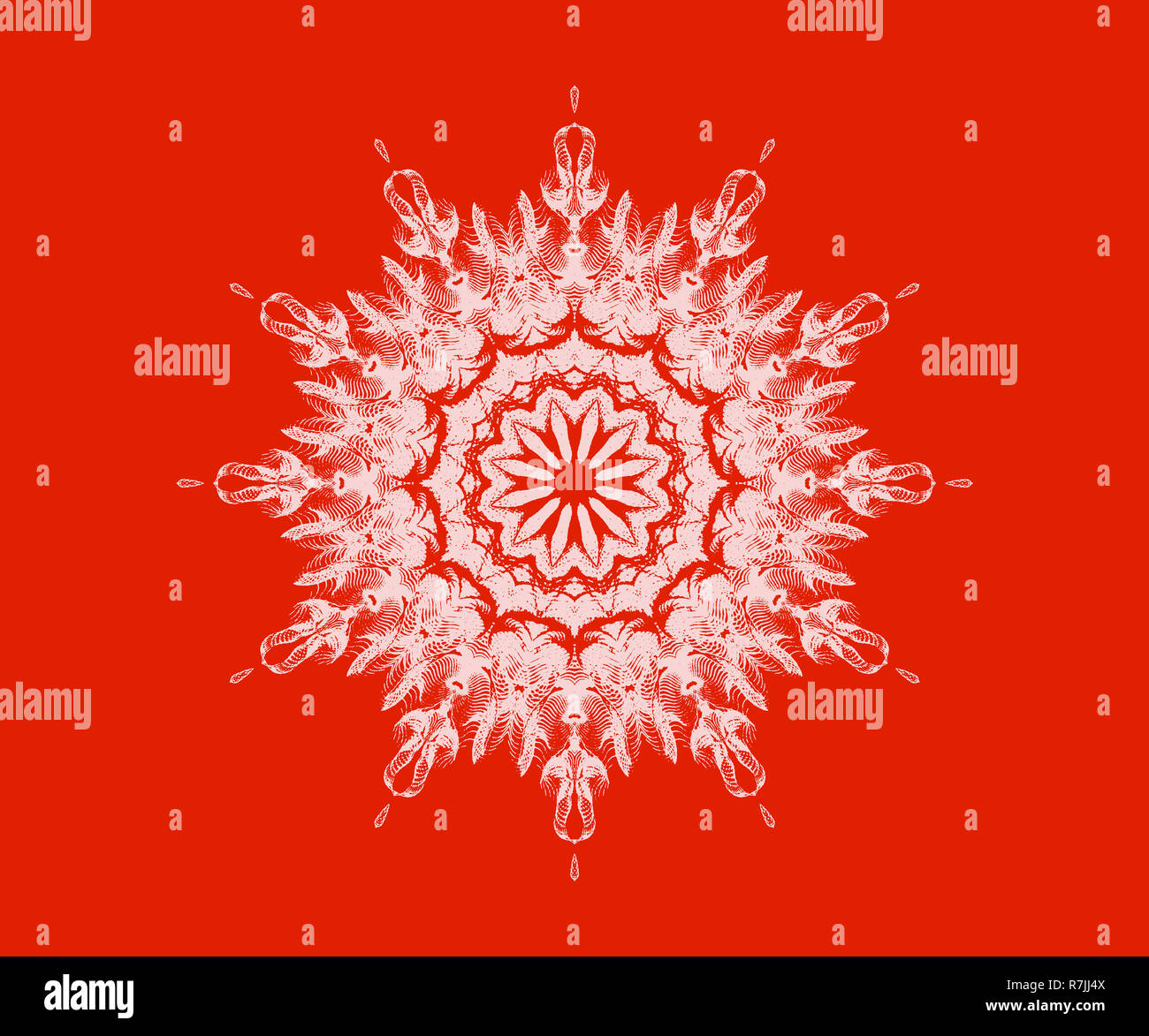 Weiße Schneeflocken auf rotem Hintergrund Stockfoto